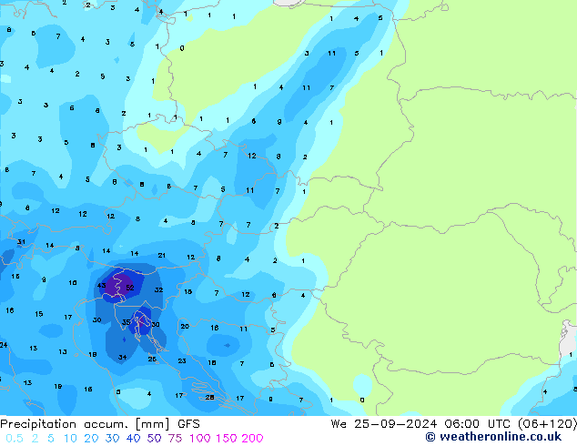 Totale neerslag GFS wo 25.09.2024 06 UTC