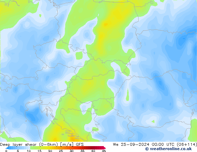 Deep layer shear (0-6km) GFS Mi 25.09.2024 00 UTC