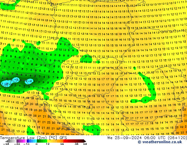 Tiefstwerte (2m) GFS Mi 25.09.2024 06 UTC