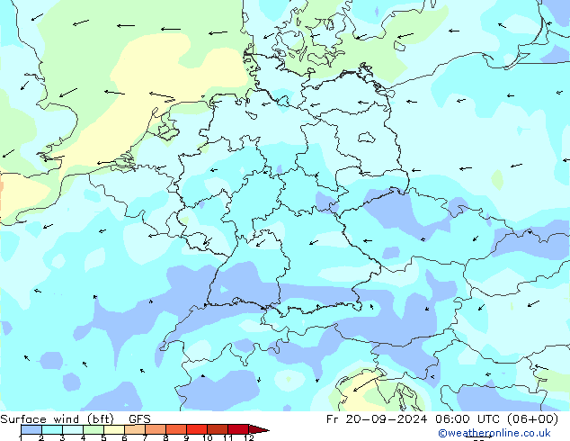 Surface wind (bft) GFS Fr 20.09.2024 06 UTC