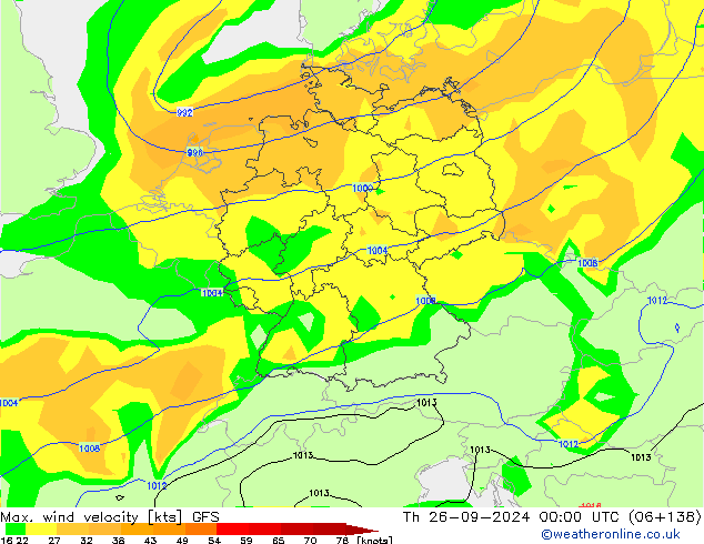 Max. wind velocity GFS чт 26.09.2024 00 UTC