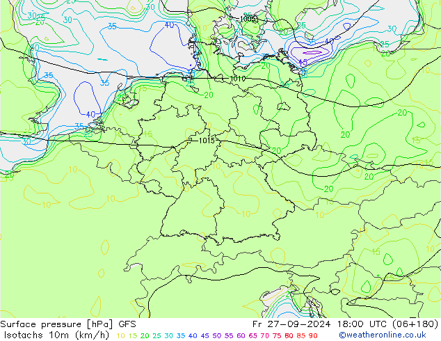 Isotachs (kph) GFS  27.09.2024 18 UTC