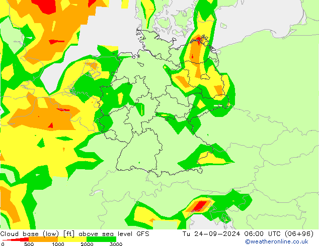 Cloud base (low) GFS вт 24.09.2024 06 UTC