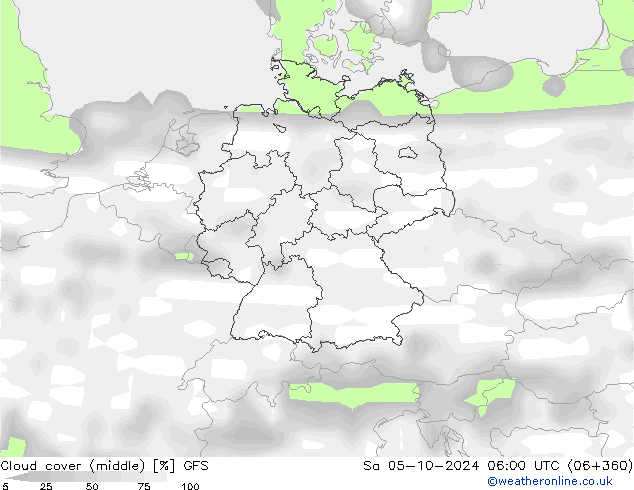 Cloud cover (middle) GFS Sa 05.10.2024 06 UTC