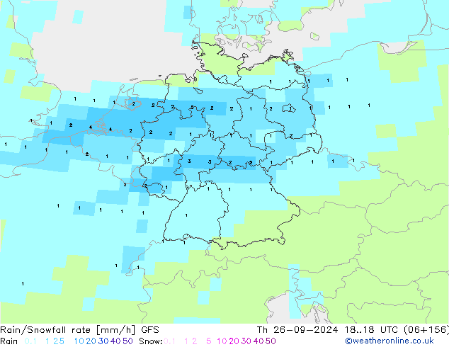 Rain/Snowfall rate GFS Čt 26.09.2024 18 UTC