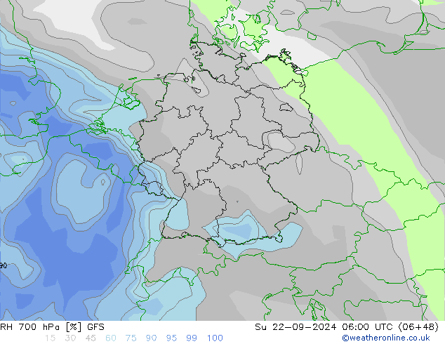 RH 700 hPa GFS Su 22.09.2024 06 UTC