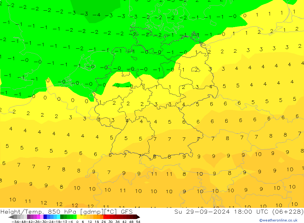 Height/Temp. 850 hPa GFS nie. 29.09.2024 18 UTC