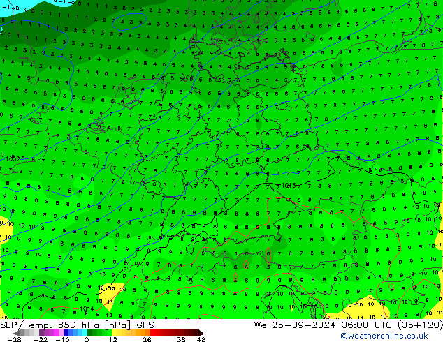 SLP/Temp. 850 hPa GFS We 25.09.2024 06 UTC