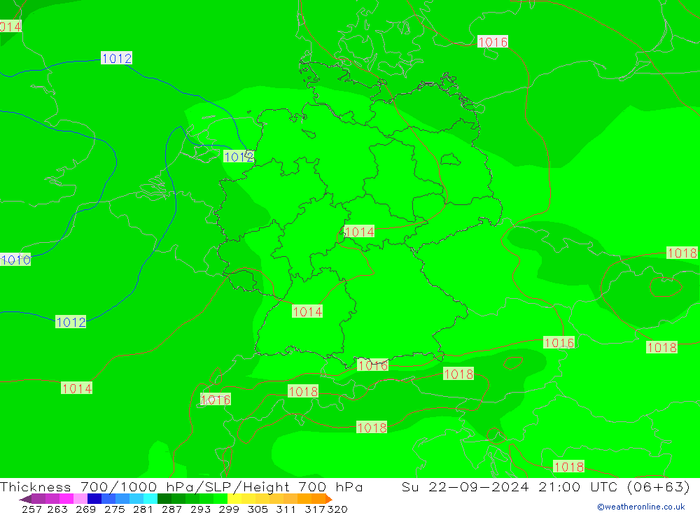 Thck 700-1000 гПа GFS Вс 22.09.2024 21 UTC