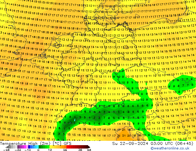 température 2m max GFS dim 22.09.2024 03 UTC