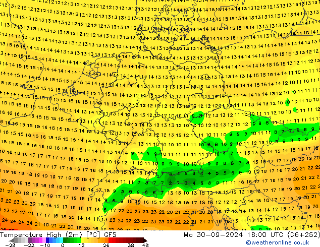 Nejvyšší teplota (2m) GFS Po 30.09.2024 18 UTC