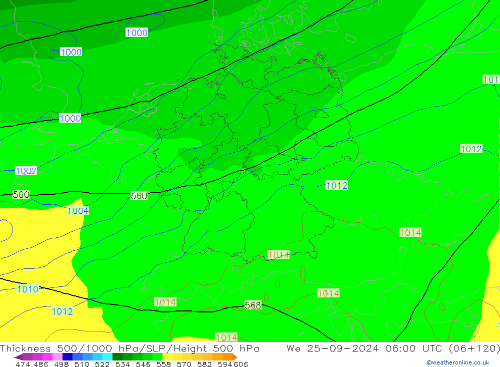 Schichtdicke 500-1000 hPa GFS Mi 25.09.2024 06 UTC