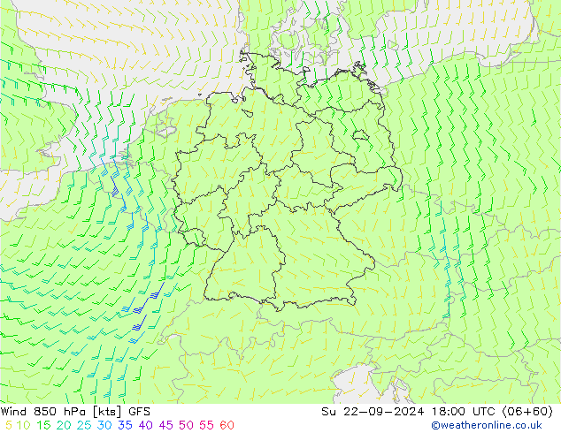 Wind 850 hPa GFS So 22.09.2024 18 UTC