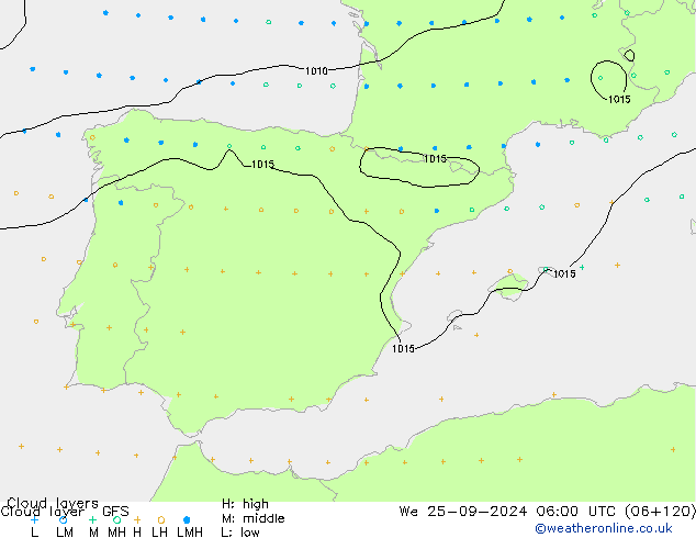 Cloud layer GFS Qua 25.09.2024 06 UTC