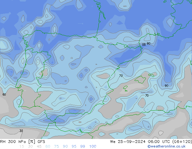 RH 300 hPa GFS We 25.09.2024 06 UTC