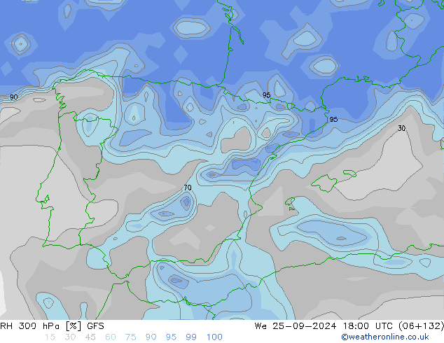 RH 300 hPa GFS We 25.09.2024 18 UTC