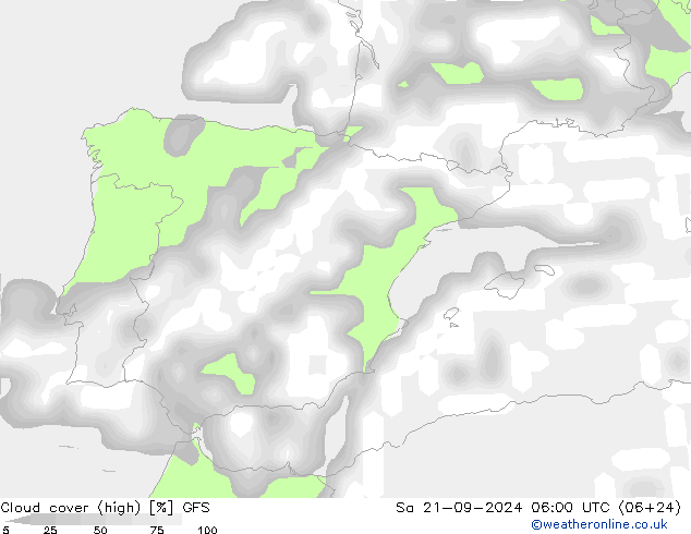 Cloud cover (high) GFS Sa 21.09.2024 06 UTC