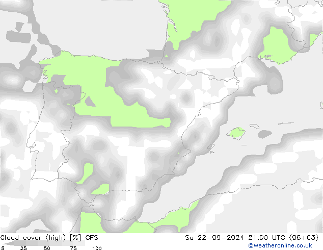 Cloud cover (high) GFS Su 22.09.2024 21 UTC