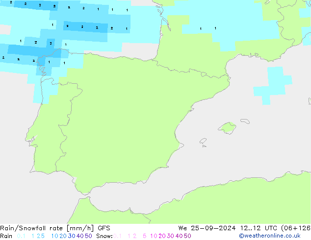 Rain/Snowfall rate GFS Qua 25.09.2024 12 UTC