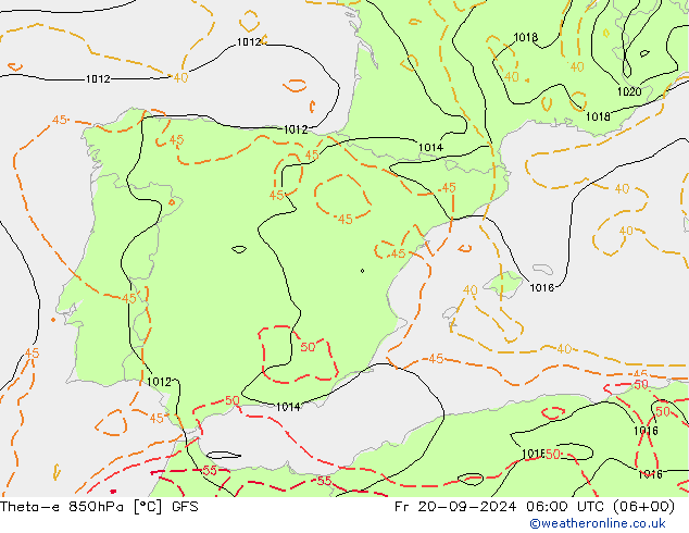 Theta-e 850гПа GFS пт 20.09.2024 06 UTC