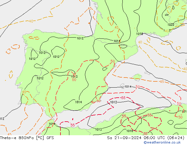 Theta-e 850hPa GFS Sa 21.09.2024 06 UTC