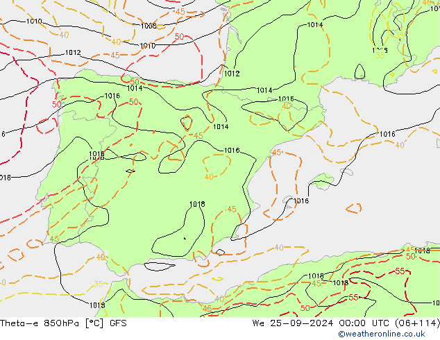 Theta-e 850hPa GFS wo 25.09.2024 00 UTC