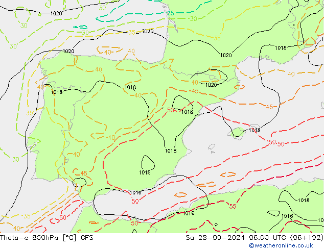 Theta-e 850hPa GFS Sa 28.09.2024 06 UTC