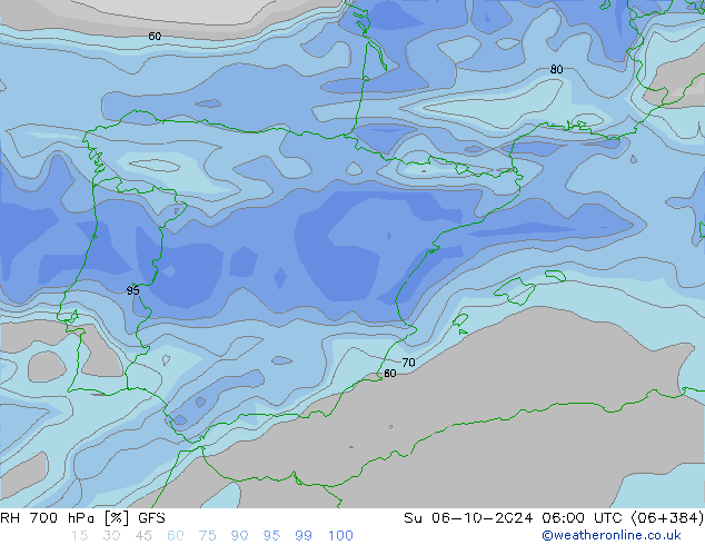 RH 700 hPa GFS dom 06.10.2024 06 UTC