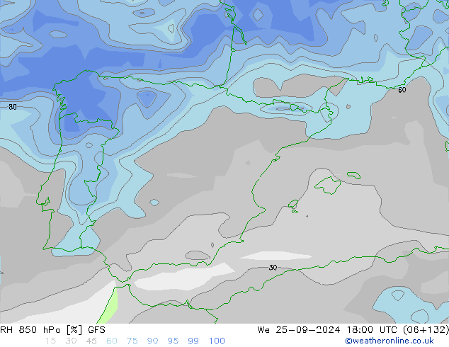 RH 850 hPa GFS We 25.09.2024 18 UTC