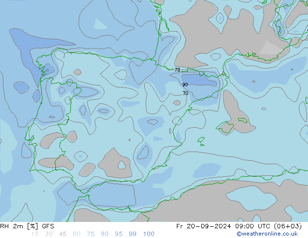 Humedad rel. 2m GFS vie 20.09.2024 09 UTC