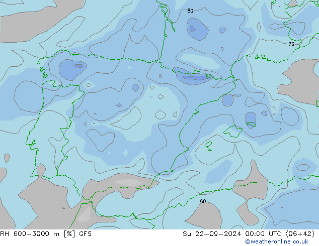 RH 600-3000 m GFS dom 22.09.2024 00 UTC