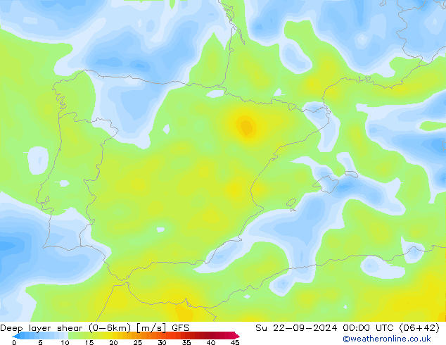 Deep layer shear (0-6km) GFS nie. 22.09.2024 00 UTC