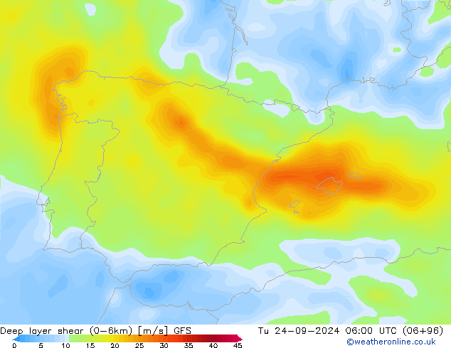 Deep layer shear (0-6km) GFS wto. 24.09.2024 06 UTC