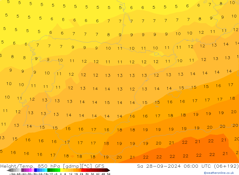 Height/Temp. 850 hPa GFS so. 28.09.2024 06 UTC