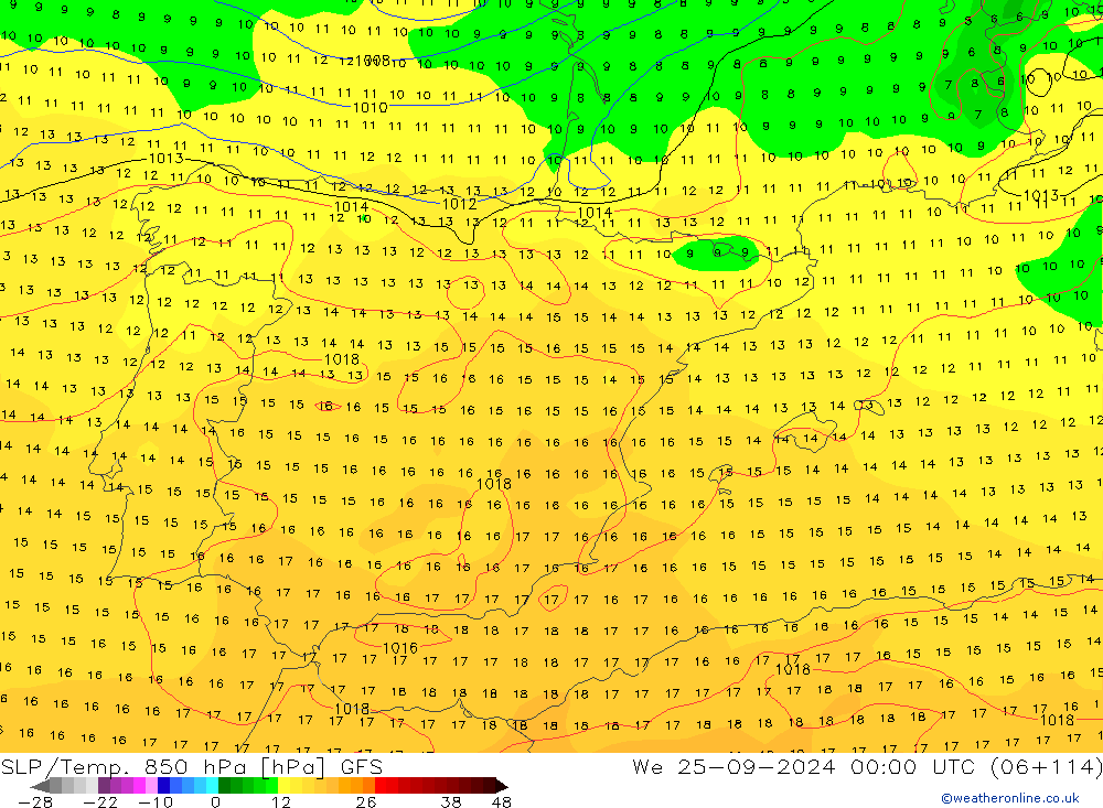 SLP/Temp. 850 hPa GFS Qua 25.09.2024 00 UTC