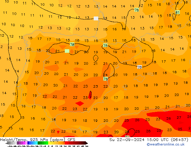 Height/Temp. 925 hPa GFS nie. 22.09.2024 15 UTC