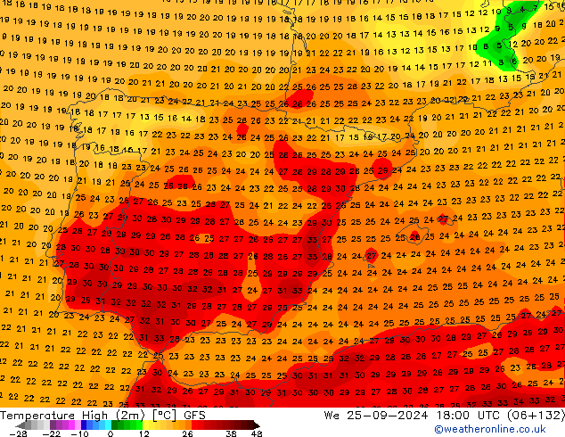 Temperature High (2m) GFS We 25.09.2024 18 UTC