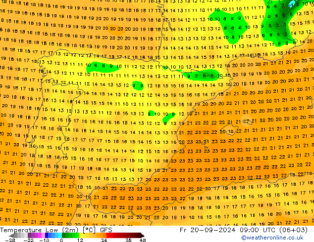 Temperatura mín. (2m) GFS vie 20.09.2024 09 UTC