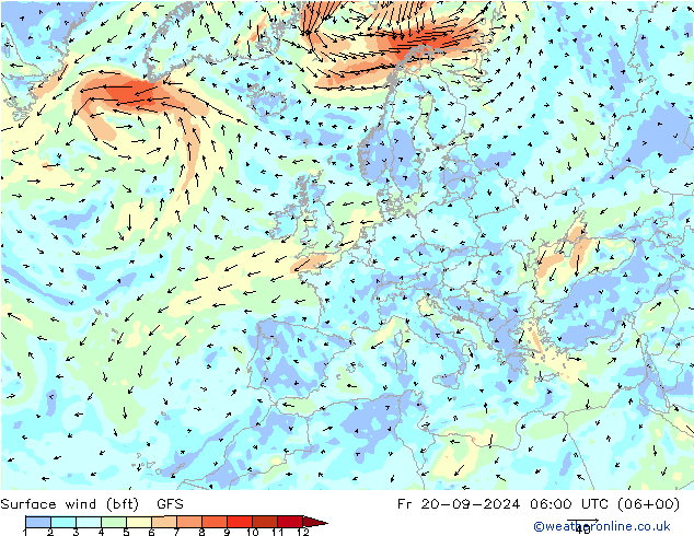 Surface wind (bft) GFS Fr 20.09.2024 06 UTC