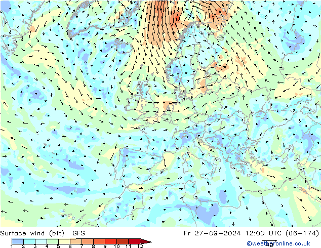  10 m (bft) GFS  27.09.2024 12 UTC