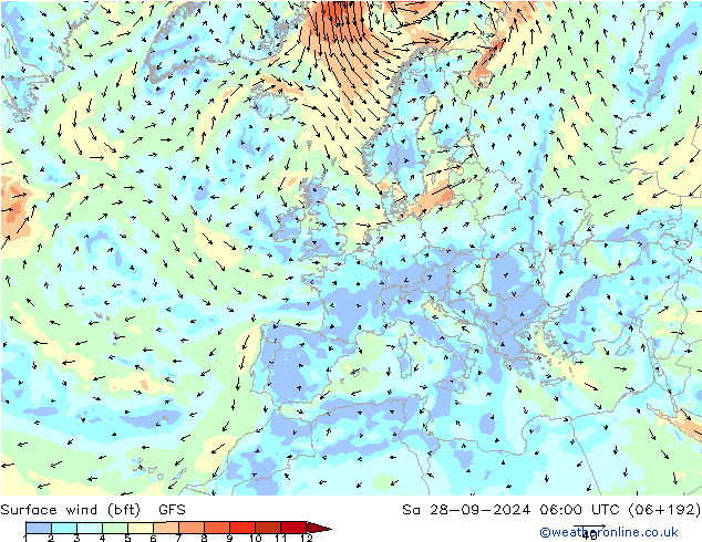 Bodenwind (bft) GFS Sa 28.09.2024 06 UTC