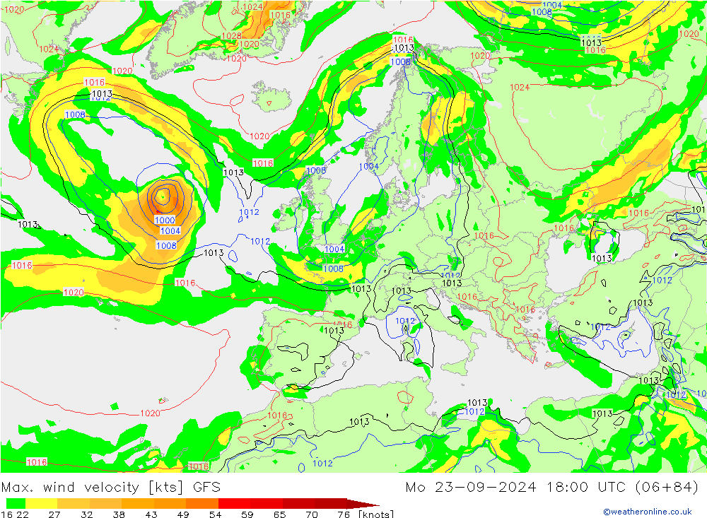 Max. wind velocity GFS Mo 23.09.2024 18 UTC