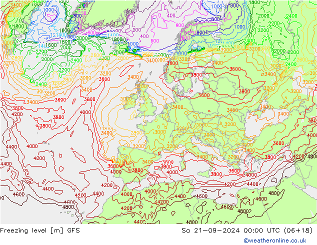 Isoterma de zero graus GFS Sáb 21.09.2024 00 UTC