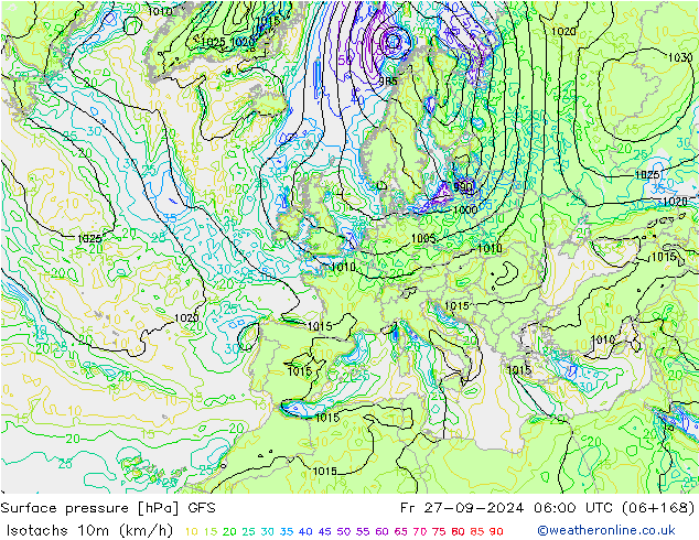 Isotachs (kph) GFS пт 27.09.2024 06 UTC