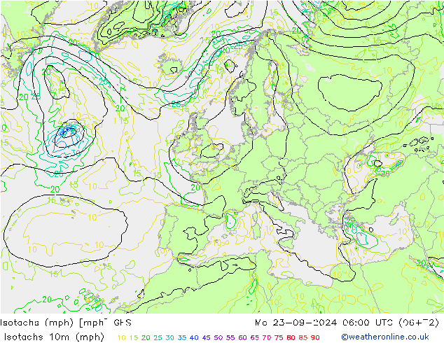 Isotachs (mph) GFS Mo 23.09.2024 06 UTC