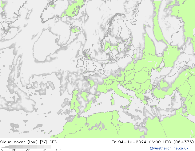 Cloud cover (low) GFS Fr 04.10.2024 06 UTC