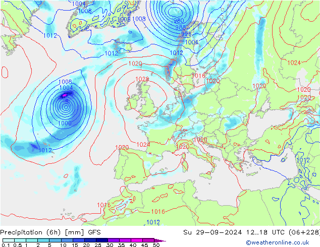 Precipitation (6h) GFS Su 29.09.2024 18 UTC