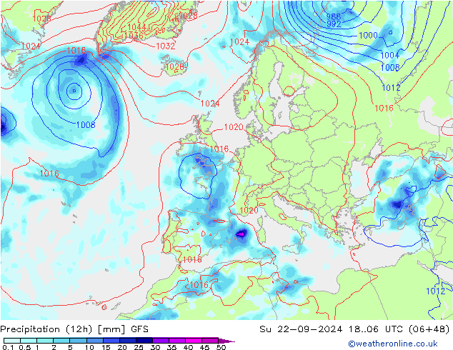 Totale neerslag (12h) GFS zo 22.09.2024 06 UTC