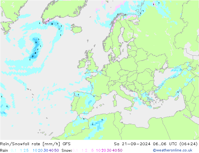 Rain/Snowfall rate GFS Sa 21.09.2024 06 UTC