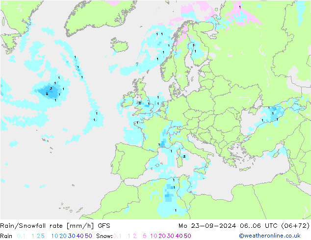 Rain/Snowfall rate GFS Mo 23.09.2024 06 UTC